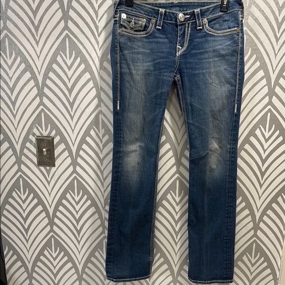 True Religion Blue Billy Big QT Straight Leg Jeans with Distressed Details - Picture 1 of 10